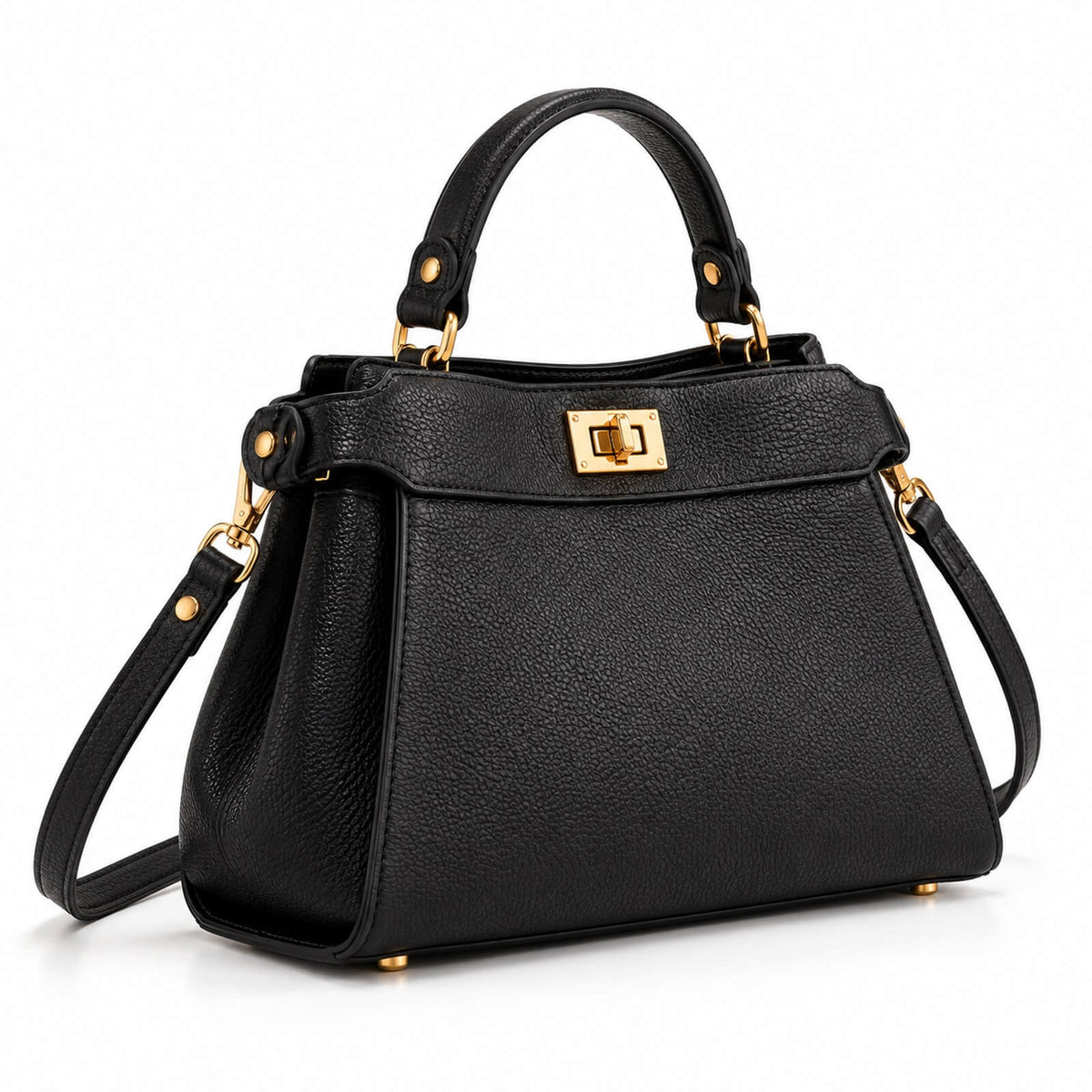 Schwarze Leder-Handtasche Bag Sora mit abnehmbarem Gurt und goldfarbenem Verschluss, schräge Ansicht
