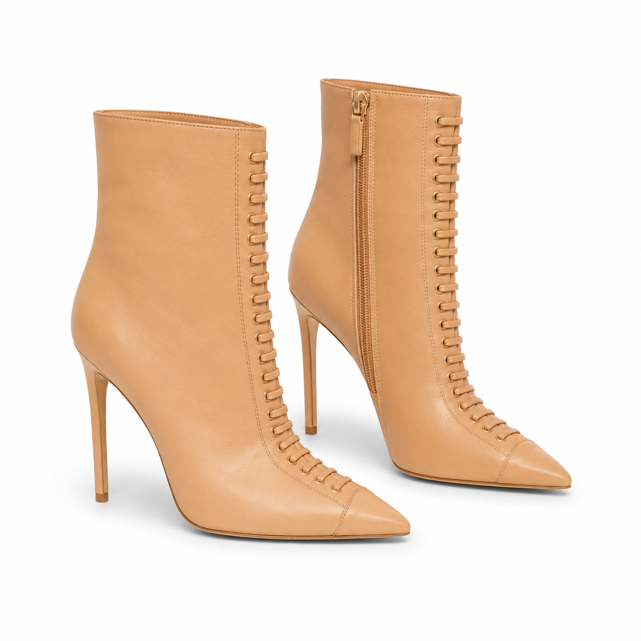Baskin Boots – LiBEAU Beige Leder Ankle Boots Paar, elegante Schnürung vorne und goldener Seitenreißverschluss | LiBEAU
