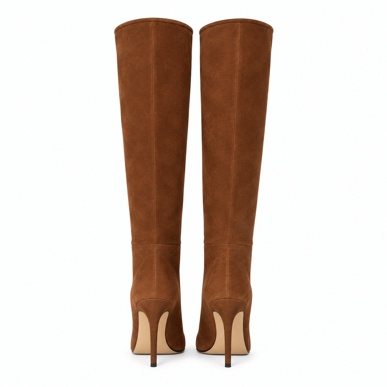 Bernie Boots – LiBEAU Detailansicht Rückansicht Cognac Suede Overknee Stiefel, schlanker Stiletto-Absatz | LiBEAU
