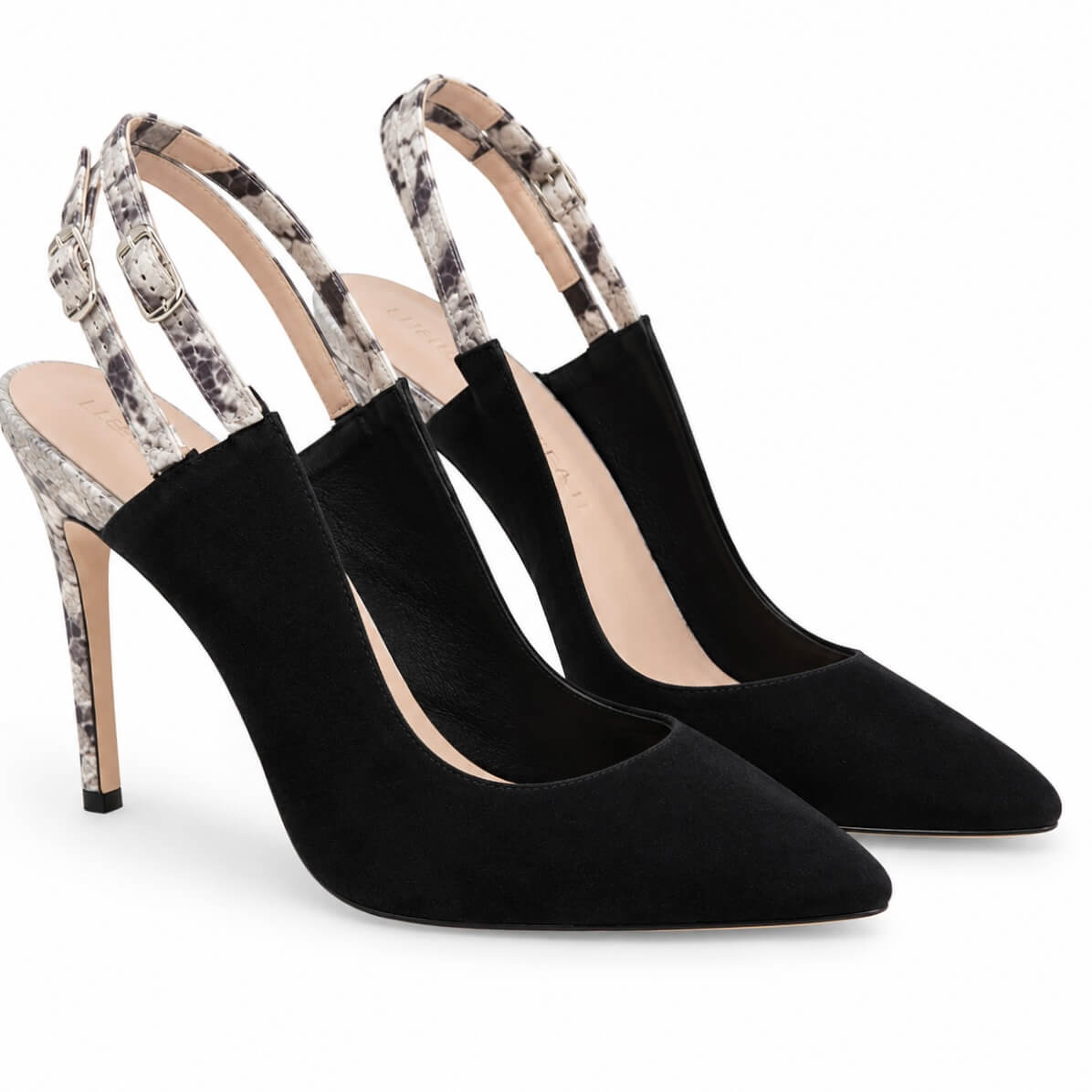 Black Lady Sling Pumps – LiBEAU Damen Slingpumps in Schwarz aus Wildleder mit 8 cm Absatz in Schlangenoptik und Fersenriemen, Produktansicht | LiBEAU
