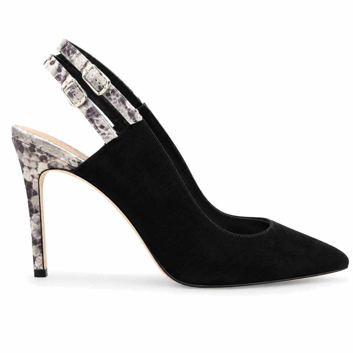 Black Lady Sling Pumps – LiBEAU schwarze Wildleder-Slingpumps seitlich, dekorativer 8 cm Absatz Schlangenoptik und Fersenriemen, Seitenansicht | LiBEAU
