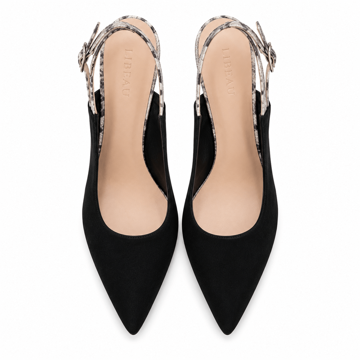 Black Lady Sling Pumps – LiBEAU schwarze Wildleder-Slingpumps Draufsicht frontal, spitze Zehenpartie und Schlangenoptik-Absatz Detail | LiBEAU
