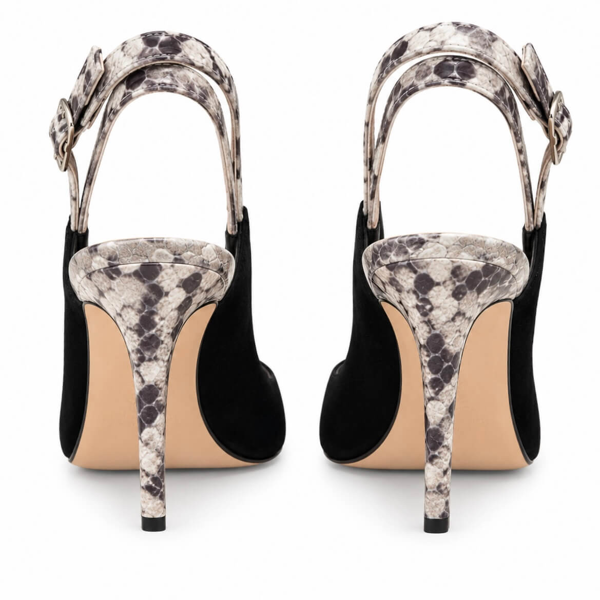 Black Lady Sling Pumps – LiBEAU 8 cm Absatz Schlangenoptik schwarz, Detailansicht Absatz und Fersenriemen | LiBEAU
