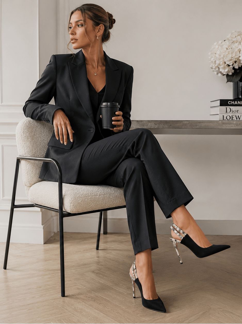 Black Lady Sling Pumps – LiBEAU Damen trägt schwarze Wildleder-Slingpumps mit Schlangenoptik-Absatz, kraftvoller eleganter Editorial Look | LiBEAU
