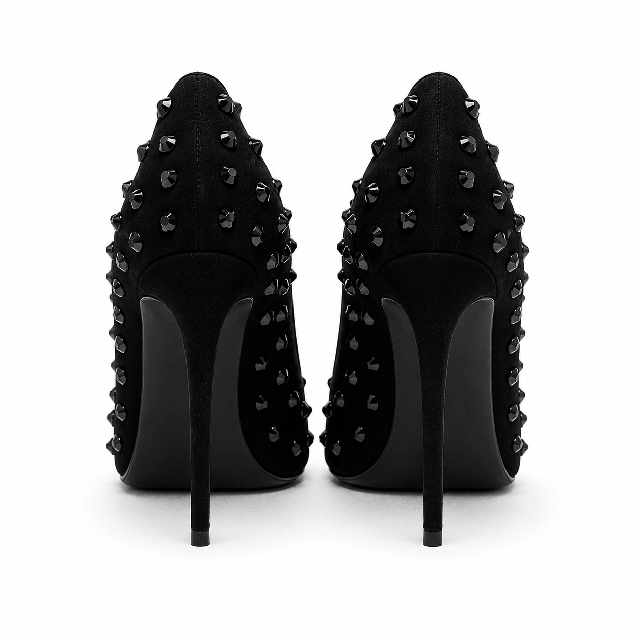 Black Magic Pumps – LiBEAU 11,5 cm Metallabsatz Stiletto schwarz Wildleder, Rückansicht Absatz und Fersenpartie | LiBEAU
