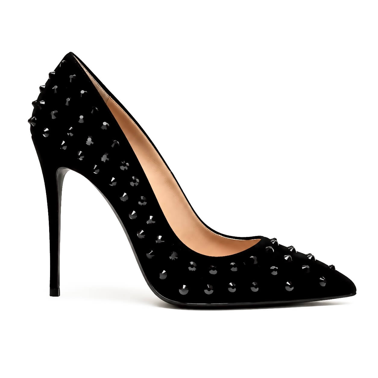 Black Magic Pumps – LiBEAU schwarze Wildleder-Stiletto-Pumps Querformat seitlich, schlanker 11,5 cm Metallabsatz und Strass-Dekor | LiBEAU

