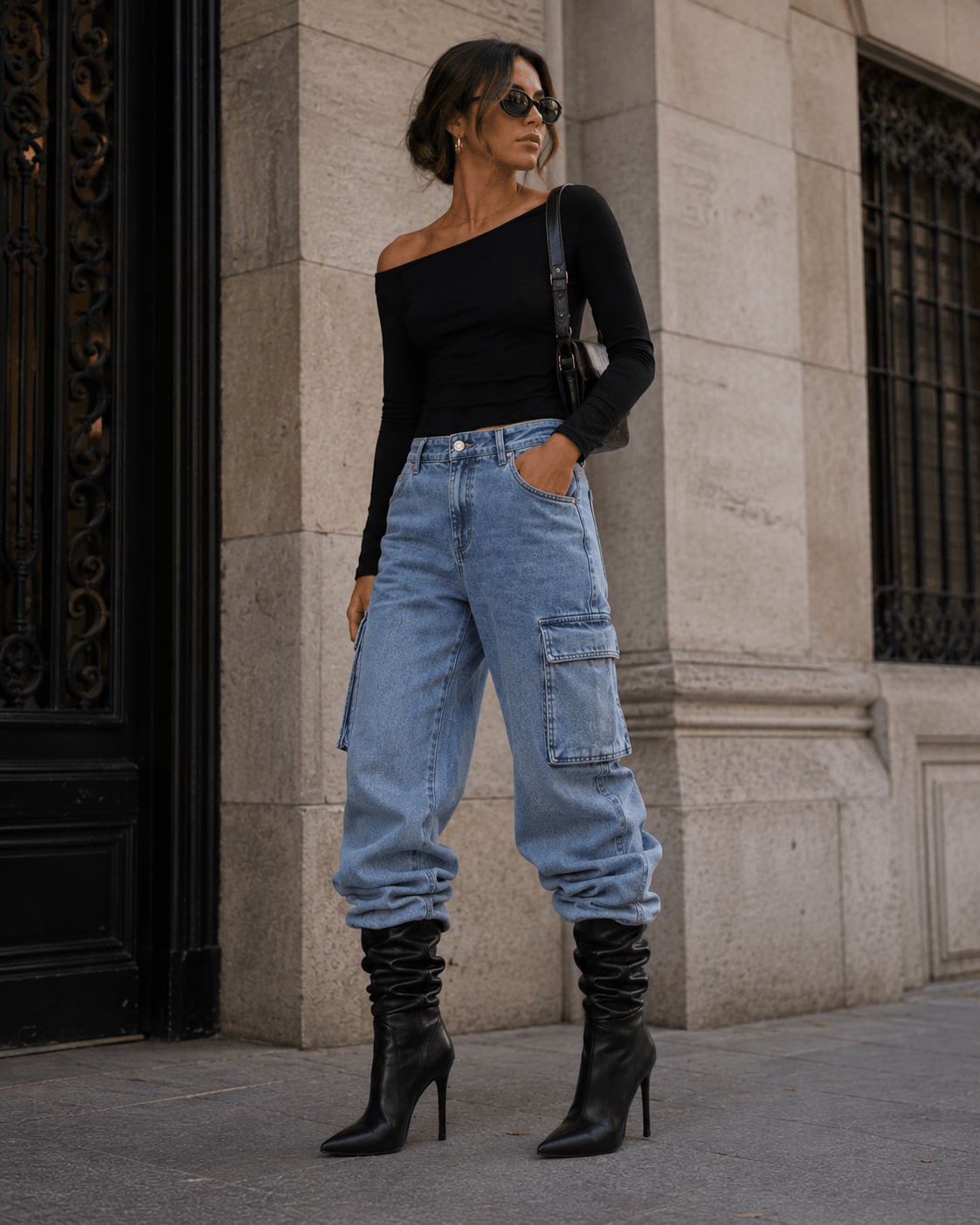 Black Pearl Boots – LiBEAU Damen trägt schwarze Leder Stiefel mit gerafftem Schaft zu Cargo-Jeans und schwarzem Off-Shoulder-Top in Paris, lässiger selbstbewusster Editorial Look | LiBEAU
