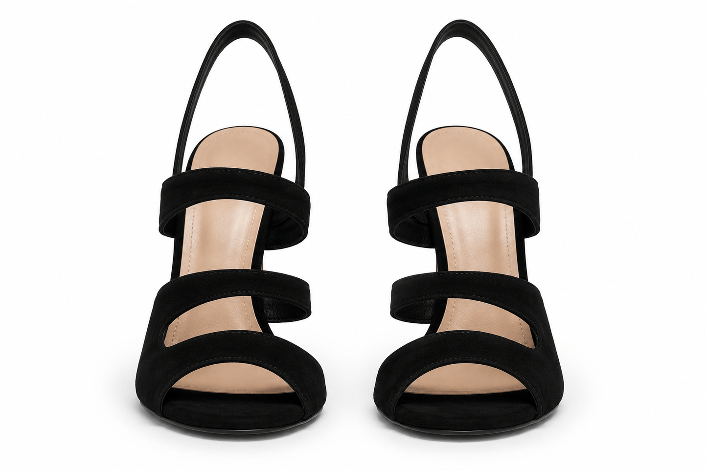 Black Berry Sandals – LiBEAU schwarze High Heel Riemchensandalen Wildleder Frontalansicht, filigrane Riemchen Detail | LiBEAU
