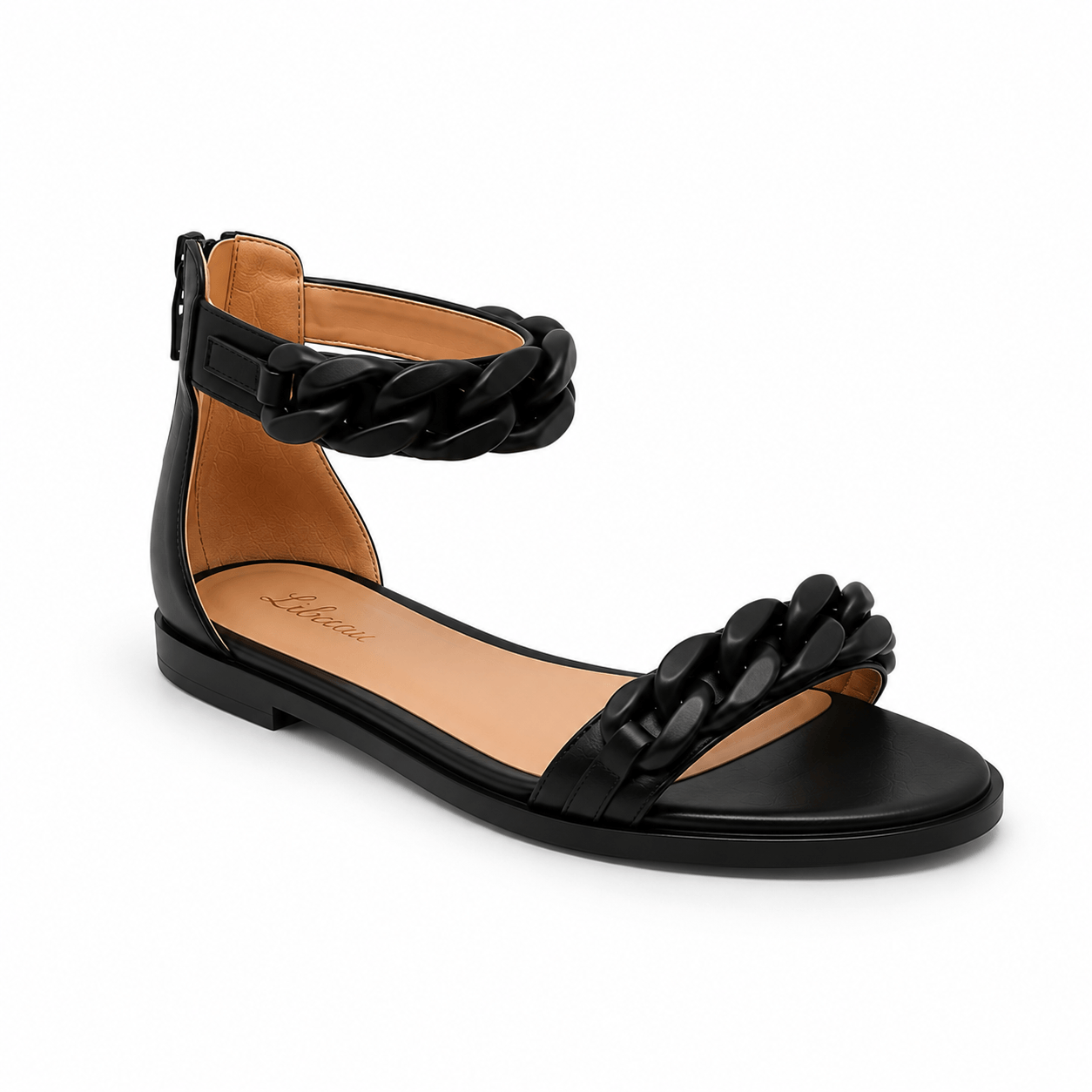 Black Chain Sandals Flat – LiBEAU Damen flache Riemchensandalen in Schwarz aus Leder mit Kettendetail und 2 cm Absatz, Produktansicht | LiBEAU
