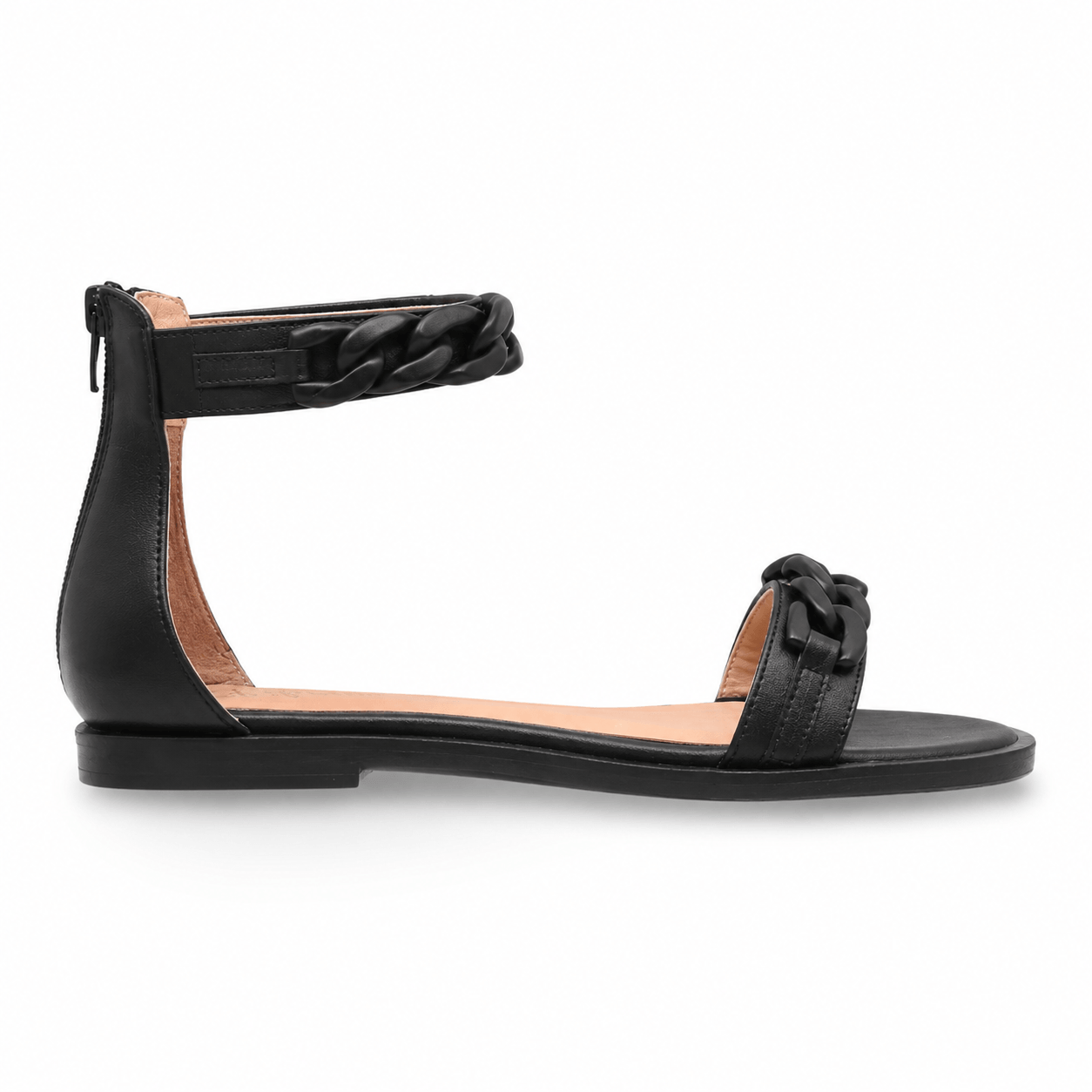 Black Chain Sandals Flat – LiBEAU schwarze Leder-Riemchensandalen flach seitlich, elegantes Kettendetail, Seitenansicht | LiBEAU
