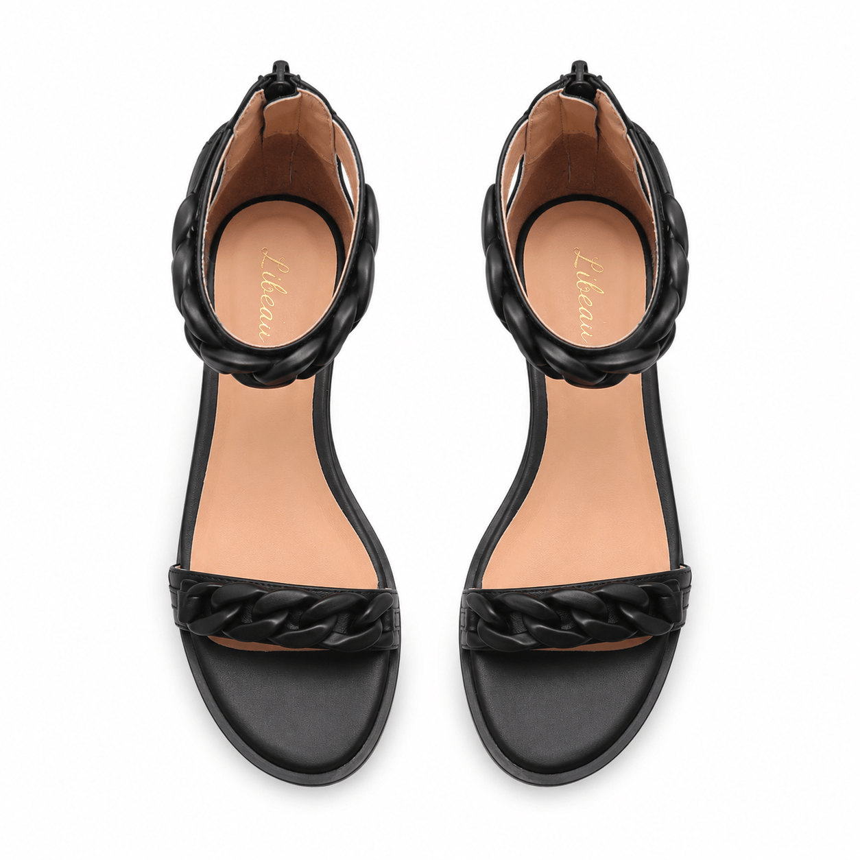 Black Chain Sandals Flat – LiBEAU flache schwarze Leder-Riemchensandalen Draufsicht, elegantes Kettendetail und schlanke Riemchen | LiBEAU

