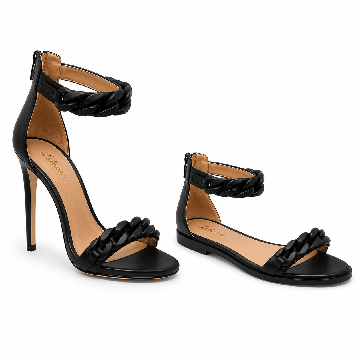 Black Chain Sandals – LiBEAU Damen Riemchensandalen schwarz Leder in zwei Varianten: flache Sole 2 cm und High Heel, Vergleichsansicht beide Versionen | LiBEAU

