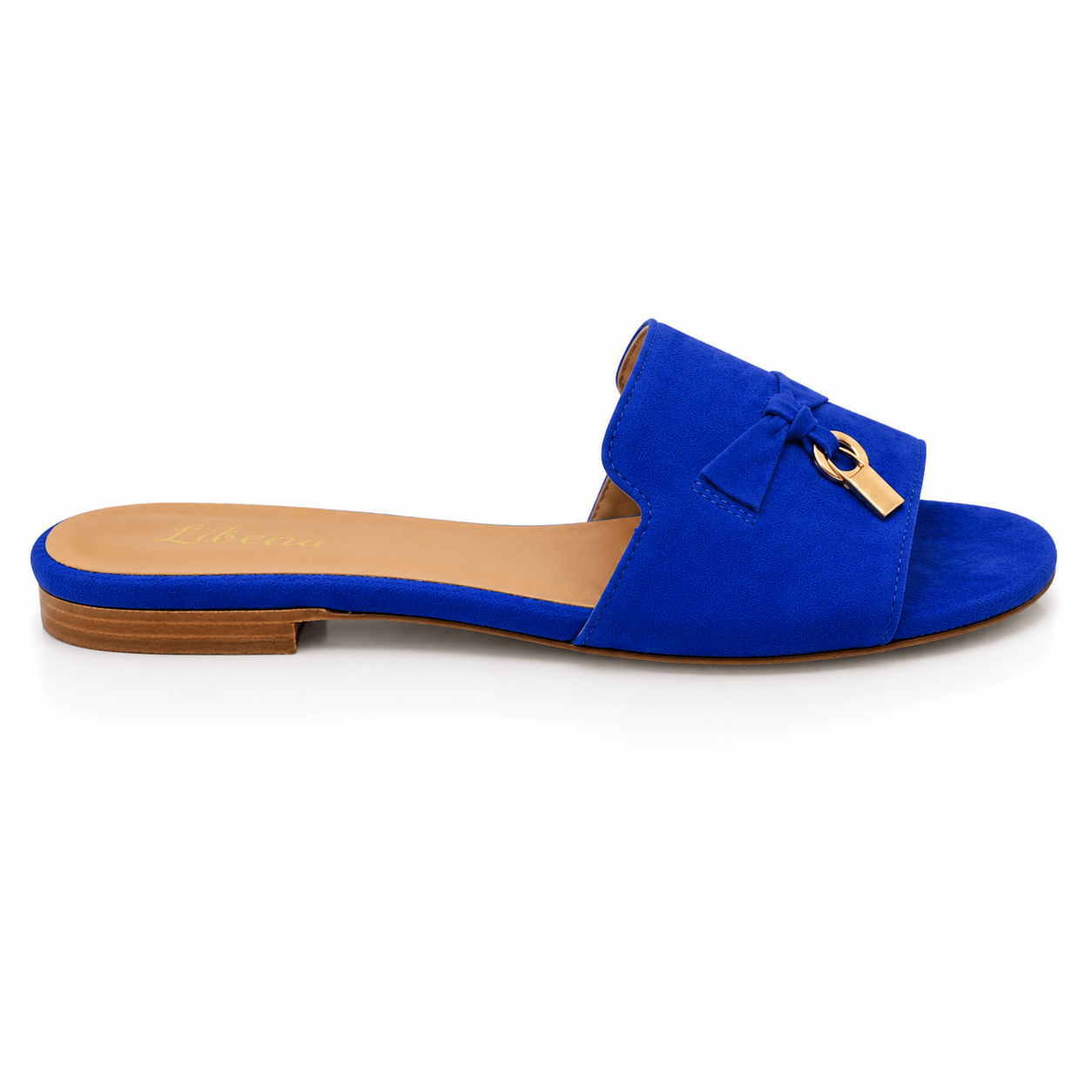 Blue Orchid Slipper – LiBEAU royalblauer Wildleder-Slipper seitlich, silberne Dekorschnalle Detail, Seitenansicht | LiBEAU
