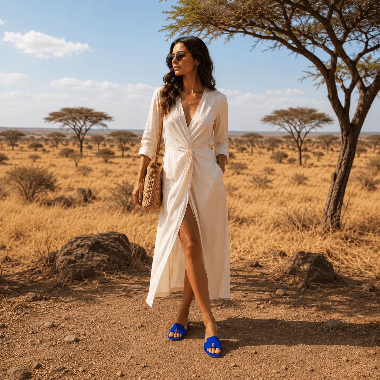 Blue Orchid Slipper – LiBEAU Damen trägt royalblaue Wildleder-Slipper mit silberner Schnalle, müheloser eleganter Editorial Look | LiBEAU
