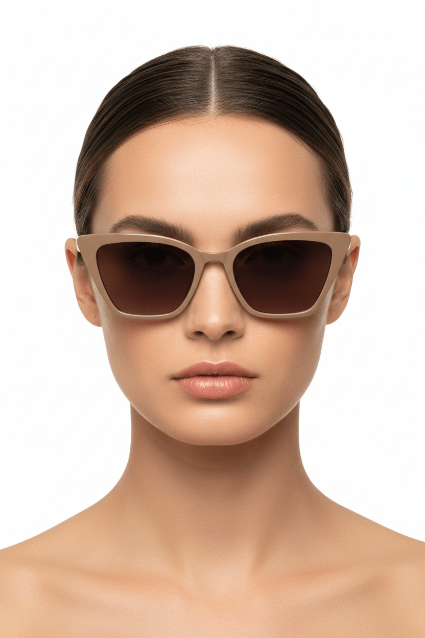 Modebrille Cappuccino – LiBEAU Damen trägt cappuccinofarbene eckige Sonnenbrille mit Verlaufsglas, eleganter Alltagslook | LiBEAU
