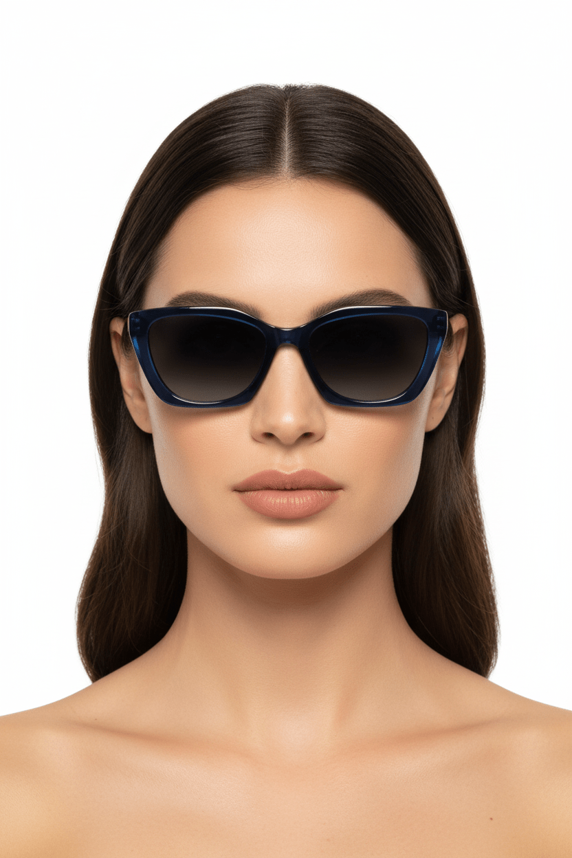 Modebrille Dunkelblau – LiBEAU Damen trägt dunkelblaue eckige Sonnenbrille mit Verlaufsglas, eleganter Editorial Look | LiBEAU
