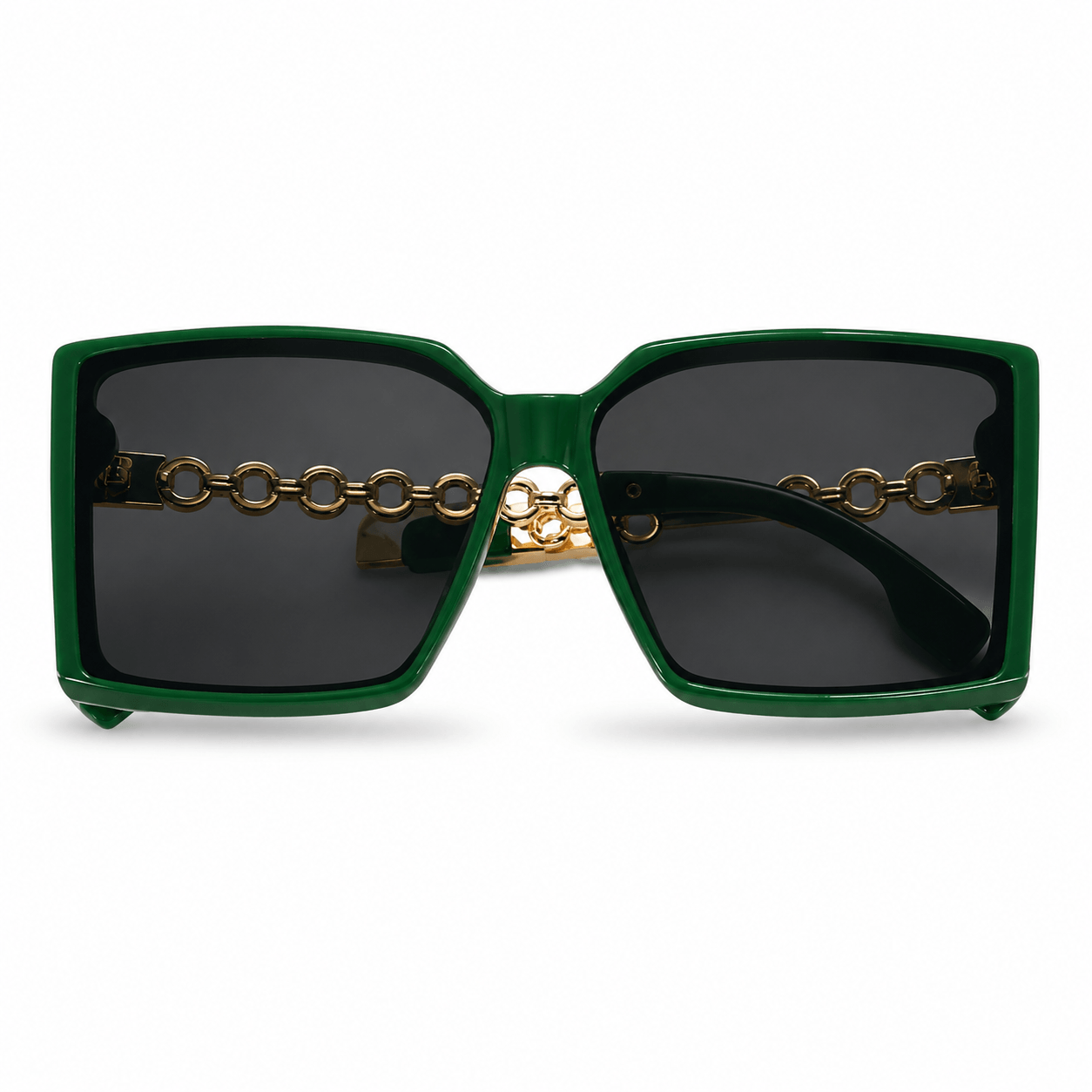 Modebrille Dunkelgrün Quadratisch – LiBEAU Damen Sonnenbrille oversized dunkelgrüner Rahmen mit goldenem Kettendetail am Steg, Produktansicht | LiBEAU
