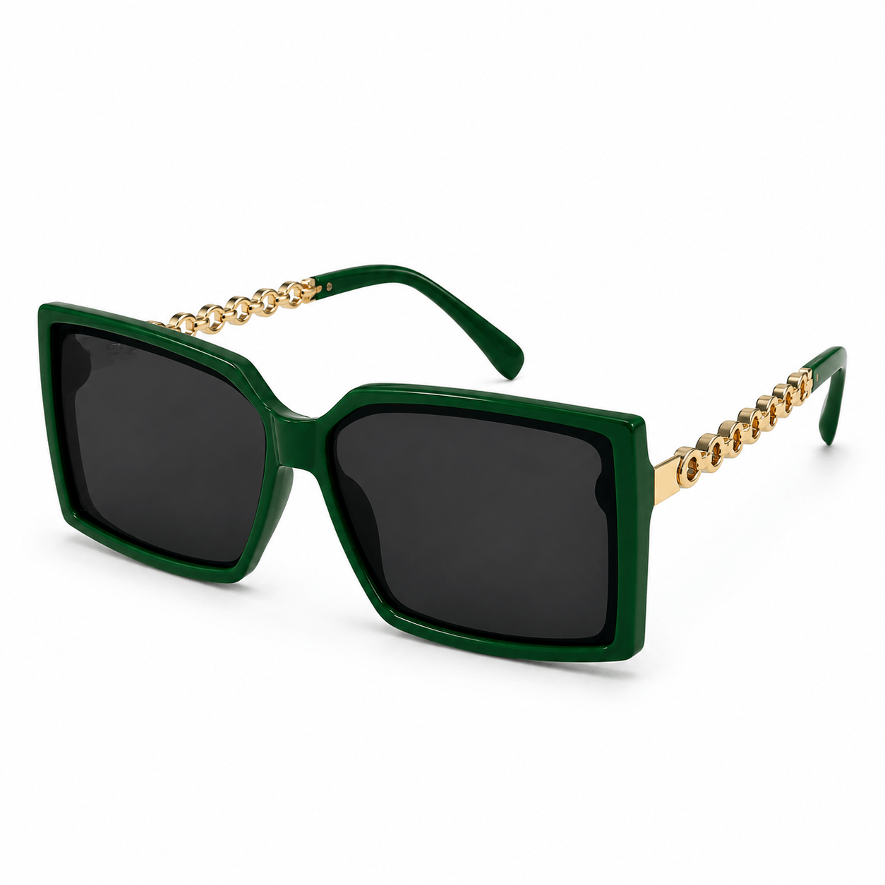 Modebrille Dunkelgrün Quadratisch – LiBEAU Sonnenbrille dunkelgrün/gold mit schwarzem Etui, Produktansicht | LiBEAU
