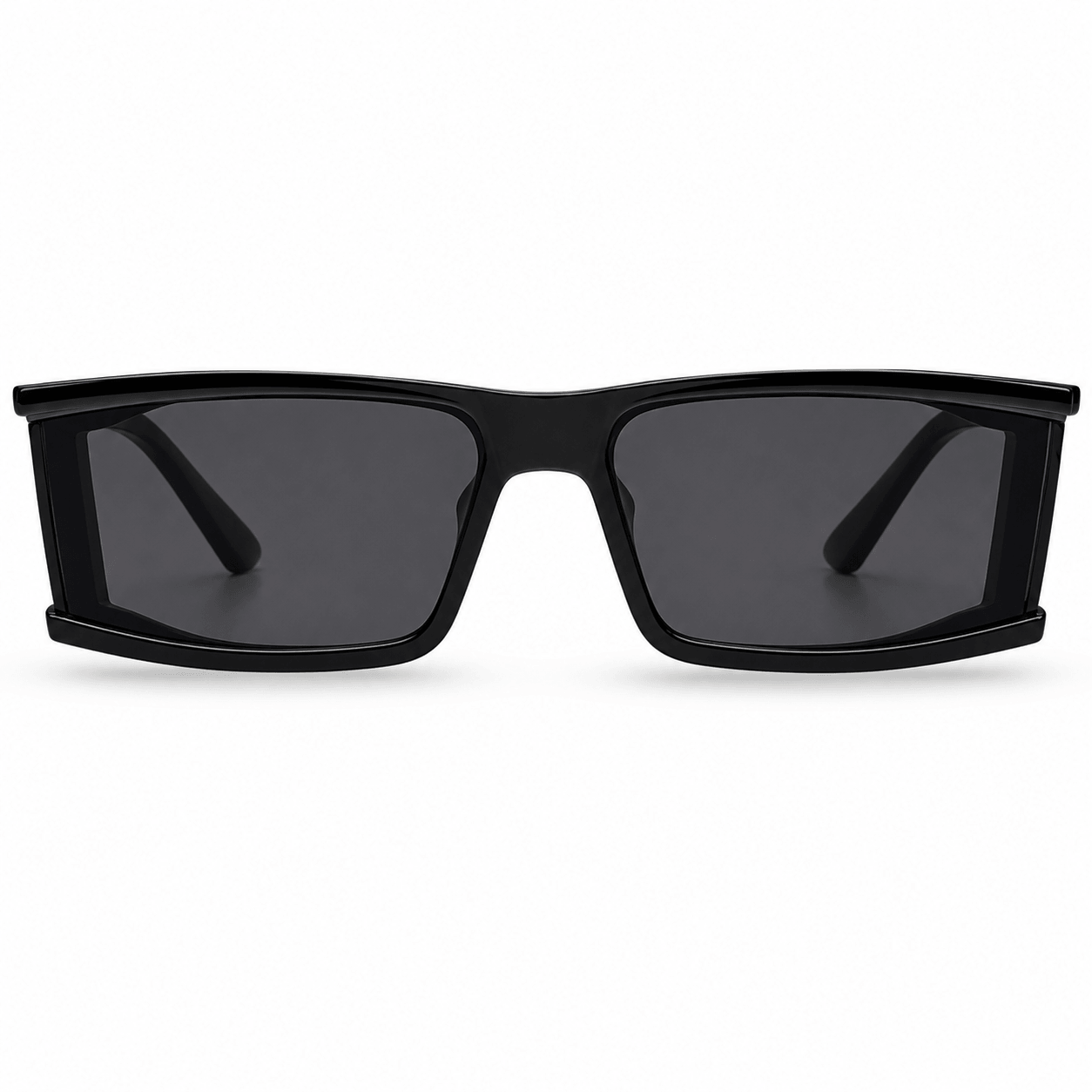 Modebrille Futuristisch Schwarz – LiBEAU Sonnenbrille ultra-flache Wraparound-Form mit asymmetrisch zulaufenden schwarzen Gläsern, Produktansicht | LiBEAU
