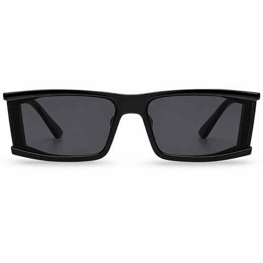 Modebrille Futuristisch Schwarz – LiBEAU Sonnenbrille ultra-flache Wraparound-Form mit asymmetrisch zulaufenden schwarzen Gläsern, Produktansicht | LiBEAU
