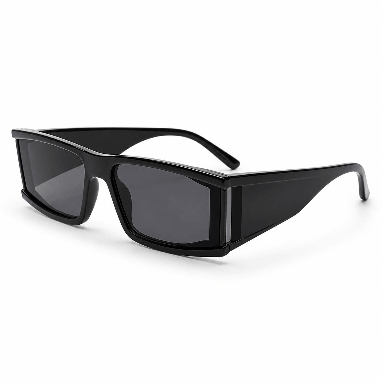 Modebrille Futuristisch Schwarz – LiBEAU Sonnenbrille schwarze Wraparound-Form seitlich, ultra-flaches futuristisches Profil | LiBEAU
