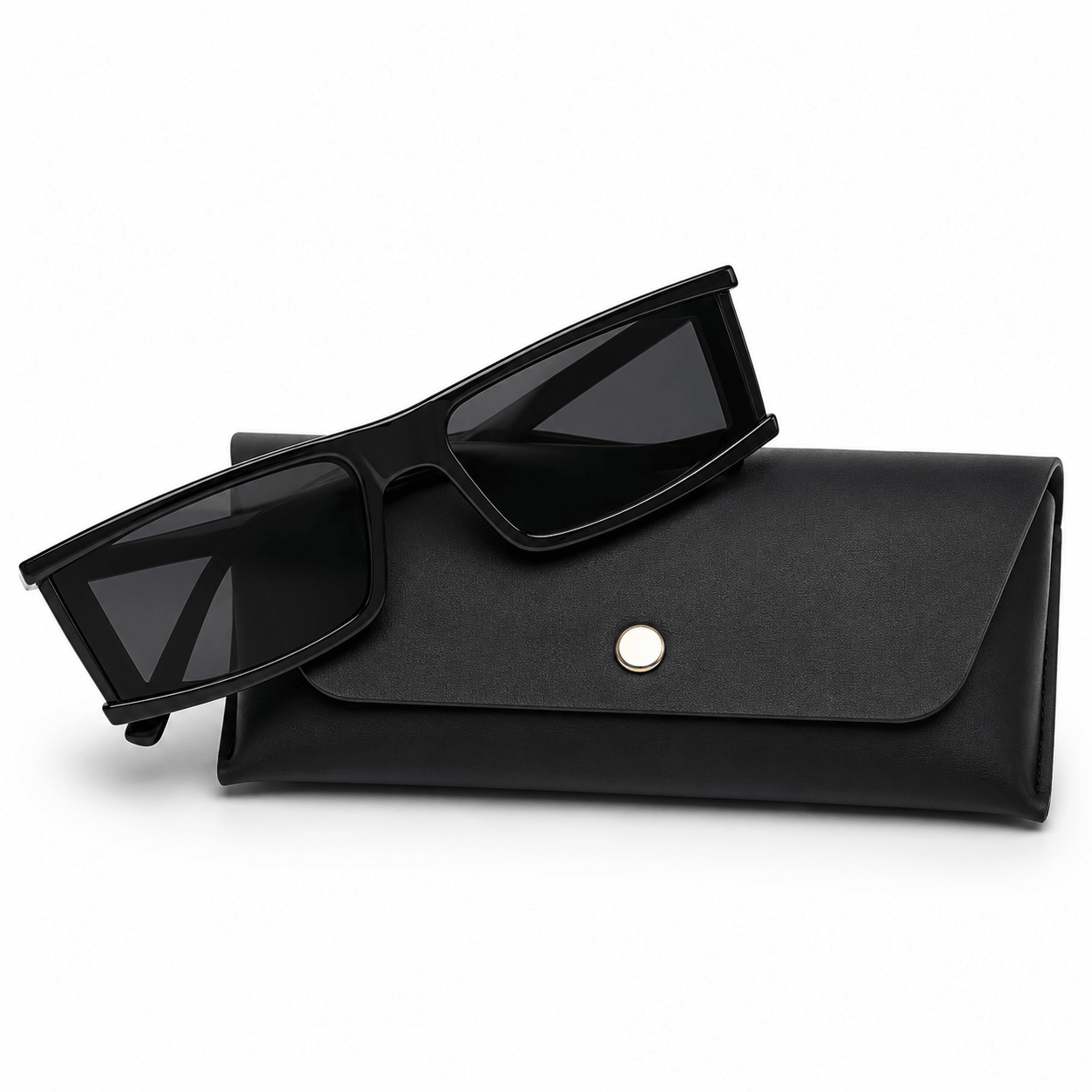 Modebrille Futuristisch Schwarz – LiBEAU Sonnenbrille schwarz wraparound mit schwarzem Etui, Produktansicht | LiBEAU
