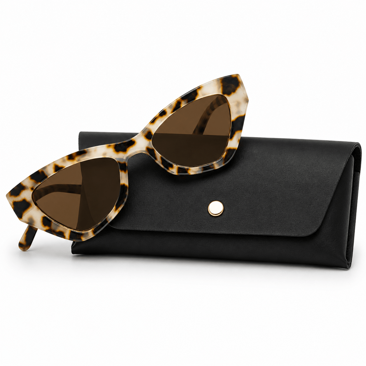 Modebrille Leo Animalprint – LiBEAU Sonnenbrille creme/braun leoprint mit schwarzem Etui, Produktansicht | LiBEAU
