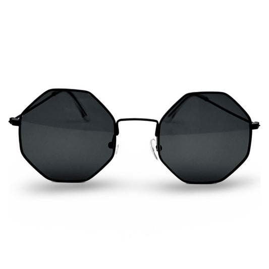 Modebrille Achteckig Schwarz – LiBEAU Sonnenbrille schwarzer Metallrahmen in achteckiger Oktagonfigur mit schwarzen Gläsern, Produktansicht | LiBEAU
