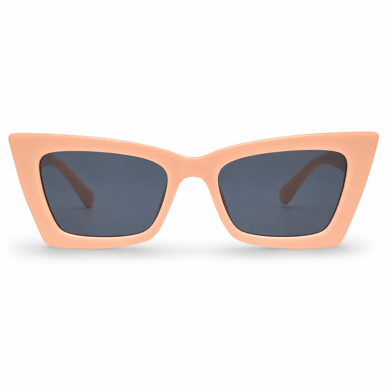 Modebrille Apricot Peach – LiBEAU Damen Sonnenbrille breiter eckiger Rahmen in zartem Peach-Apricot mit dunkelgrauen Gläsern, Produktansicht | LiBEAU
