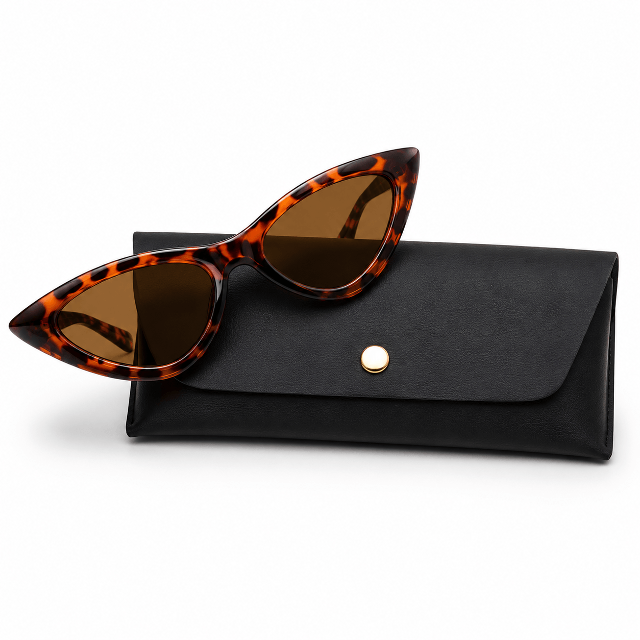 Modebrille Cat-Eye Rotbraun – LiBEAU Sonnenbrille rotbraun leoprint mit schwarzem Etui, Produktansicht | LiBEAU
