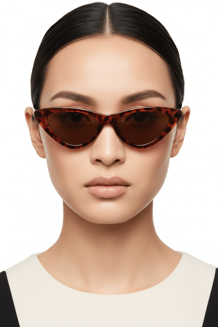 Modebrille Cat-Eye Rotbraun – LiBEAU Damen trägt rotbraune Leoprint Cat-Eye-Sonnenbrille mit bernsteinfarbenen Gläsern, wilder Vintage 70s Editorial Look | LiBEAU
