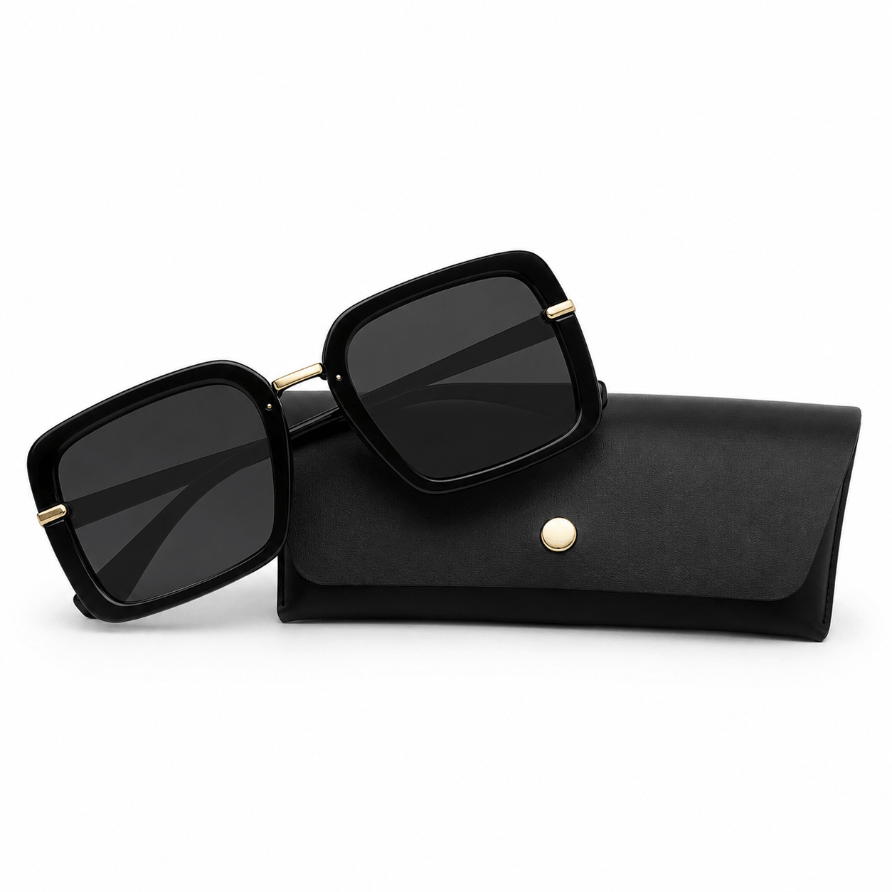 Modebrille Schwarz Quadratisch – LiBEAU Sonnenbrille schwarz/gold oversized mit schwarzem Etui, Produktansicht | LiBEAU
