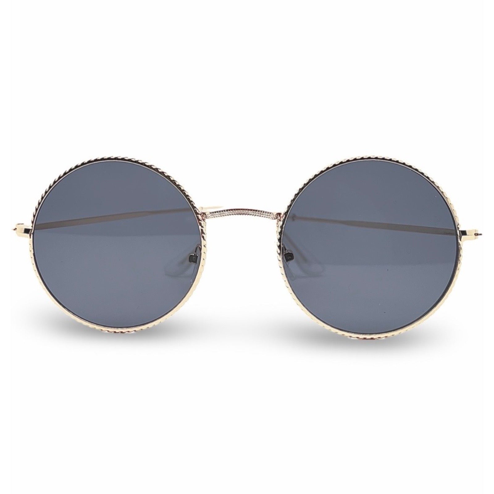 Modebrille Gold Rund Bohostil – LiBEAU Damen Sonnenbrille runder Goldrahmen mit Flechtdetail und dunklen Gläsern, Produktansicht | LiBEAU
