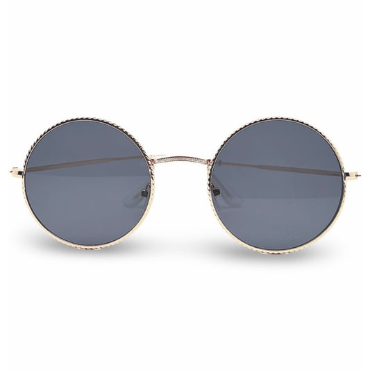 Modebrille Gold Rund Bohostil – LiBEAU Damen Sonnenbrille runder Goldrahmen mit Flechtdetail und dunklen Gläsern, Produktansicht | LiBEAU
