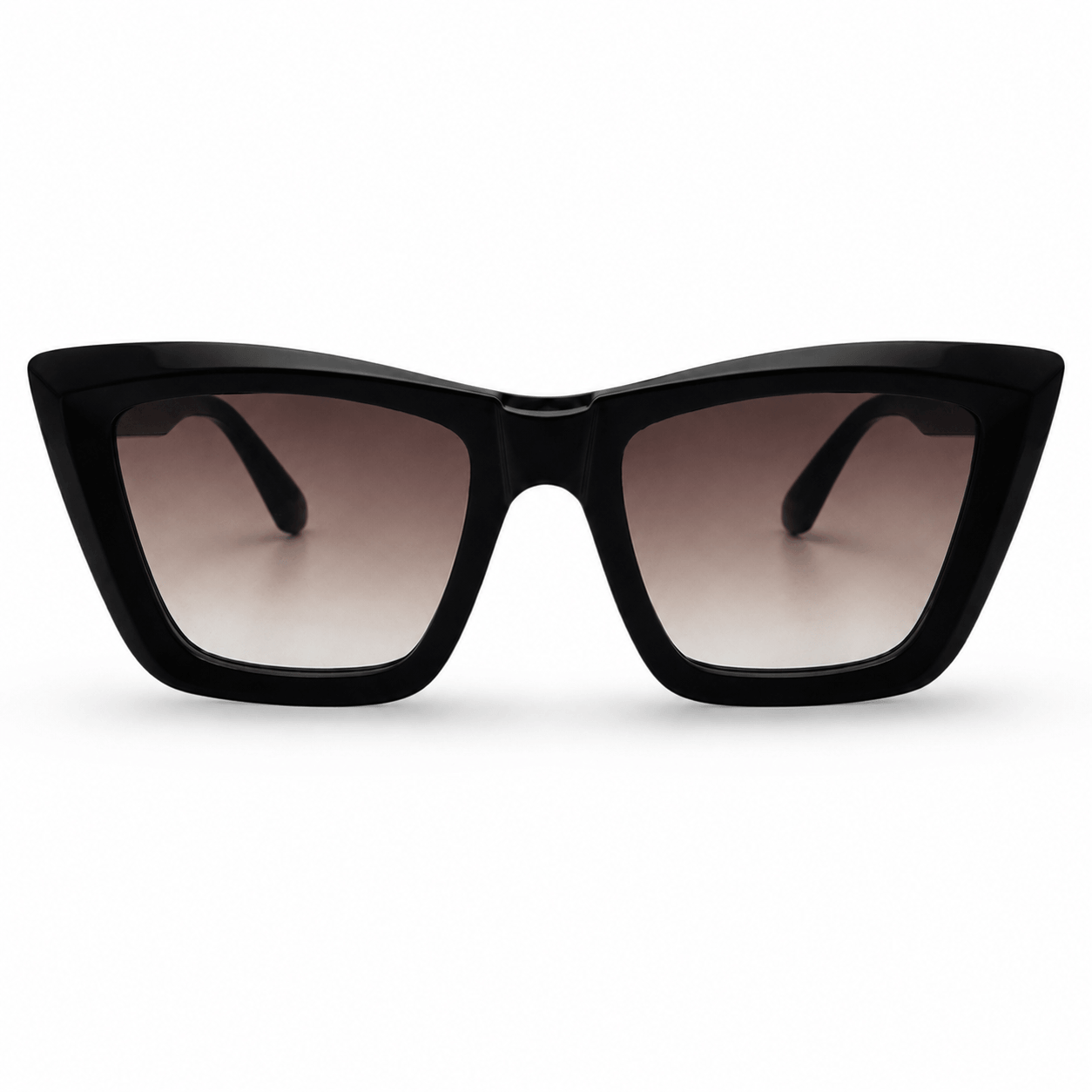 Modebrille Schwarz Classic – LiBEAU Damen Sonnenbrille glänzend schwarzer breiter Rahmen mit leicht angehobenen Ecken und verlaufenden Gläsern, Produktansicht | LiBEAU
