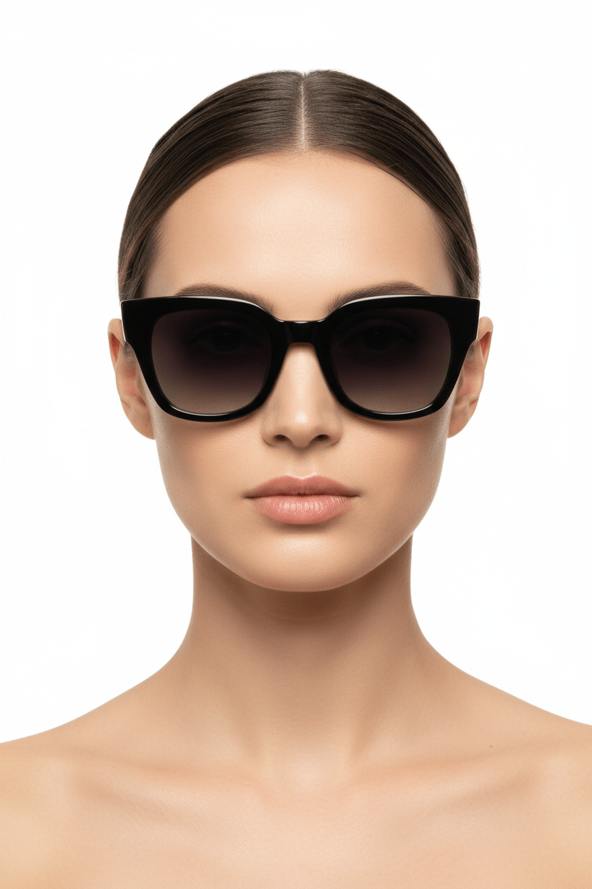 Model trägt Modebrille Schwarz, eckig