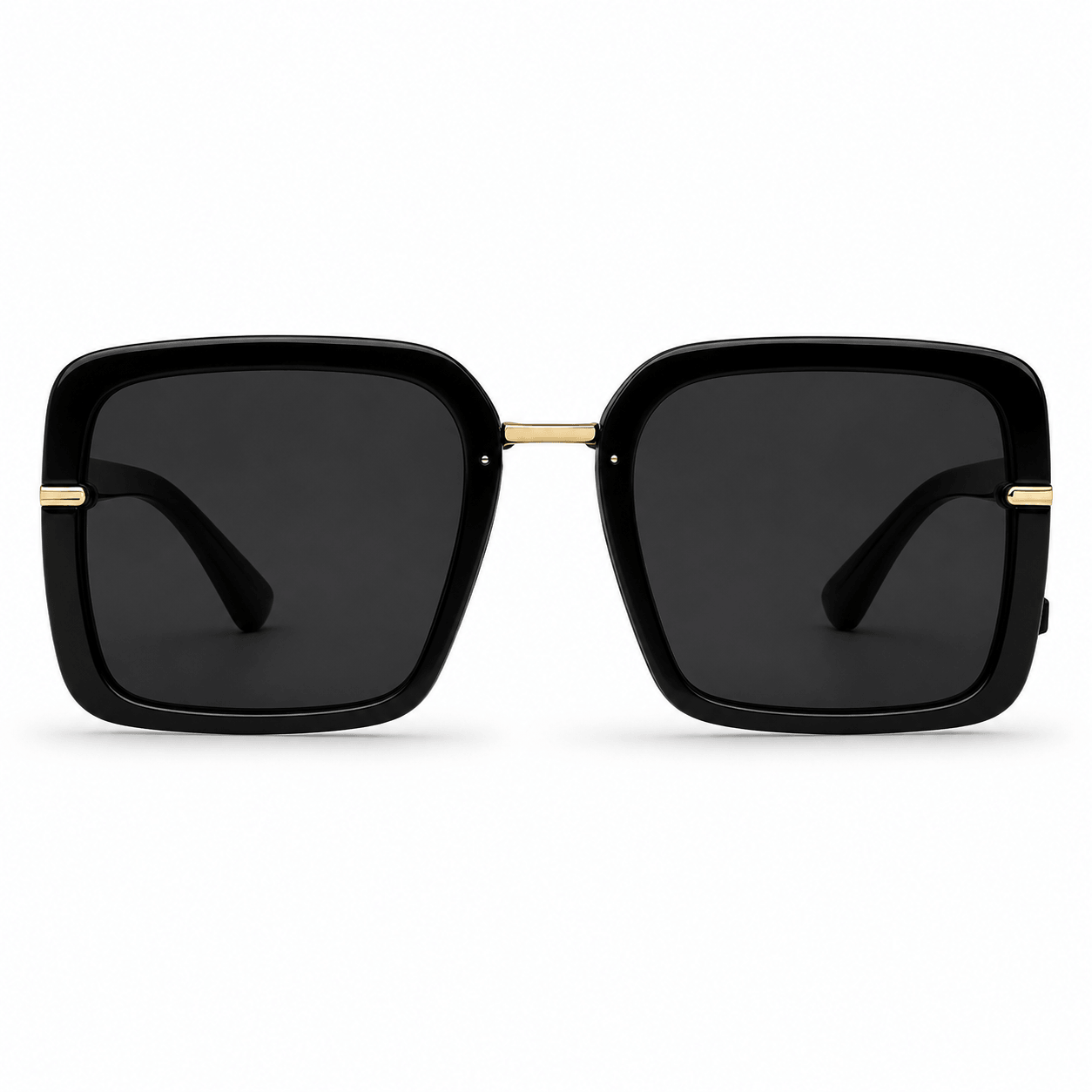 Modebrille Schwarz Quadratisch – LiBEAU Damen Sonnenbrille oversized schwarzer Rahmen mit goldenen Bügelakzenten und dunklen Gläsern, Produktansicht | LiBEAU
