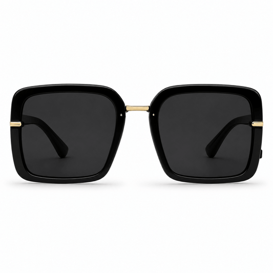 Modebrille Schwarz Quadratisch – LiBEAU Damen Sonnenbrille oversized schwarzer Rahmen mit goldenen Bügelakzenten und dunklen Gläsern, Produktansicht | LiBEAU
