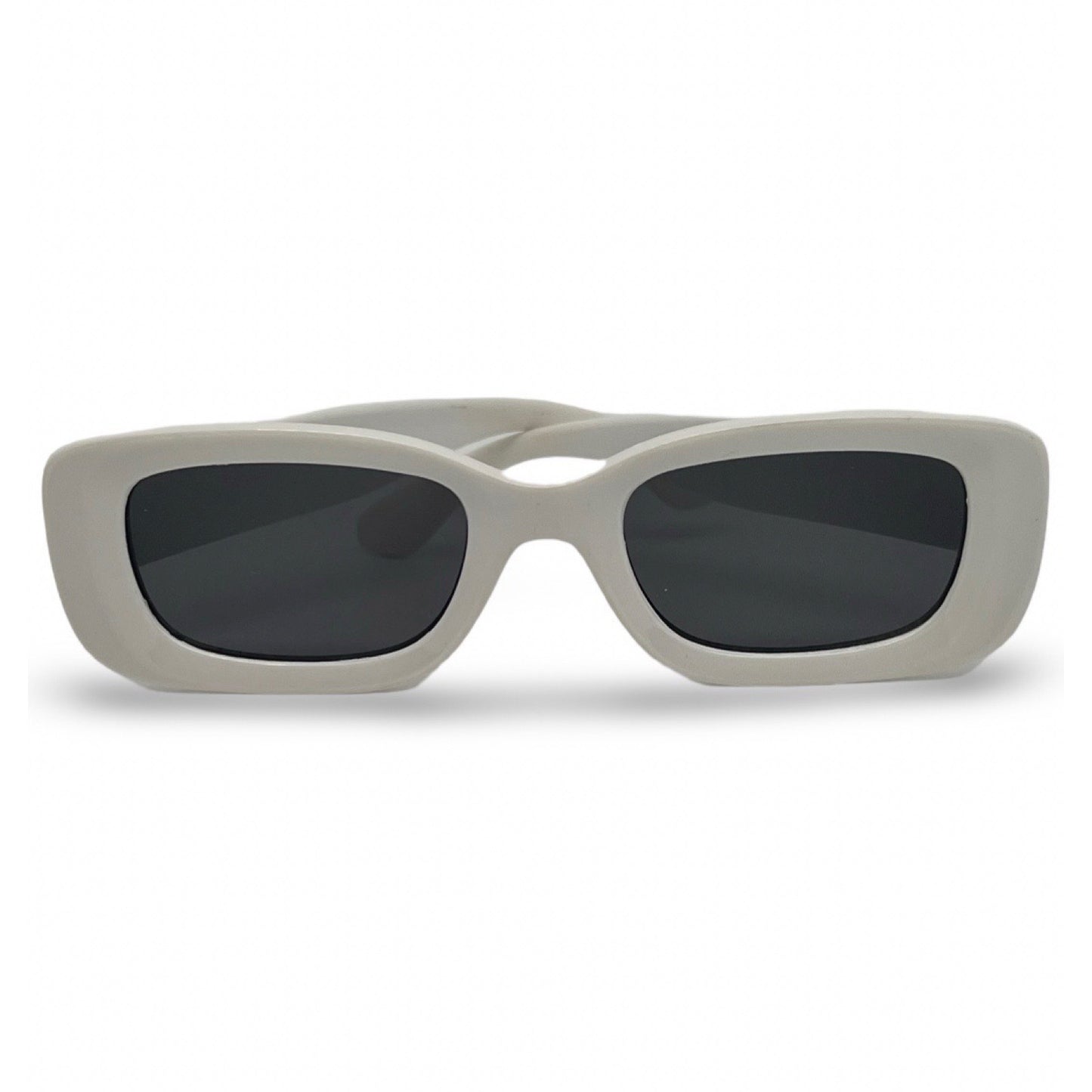 Modebrille Weiß Schmal – LiBEAU Damen Sonnenbrille weißer schmaler Rechteckrahmen mit dunklen Gläsern, Produktansicht | LiBEAU
