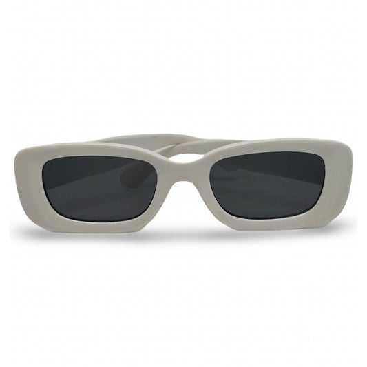 Modebrille Weiß Schmal – LiBEAU Damen Sonnenbrille weißer schmaler Rechteckrahmen mit dunklen Gläsern, Produktansicht | LiBEAU
