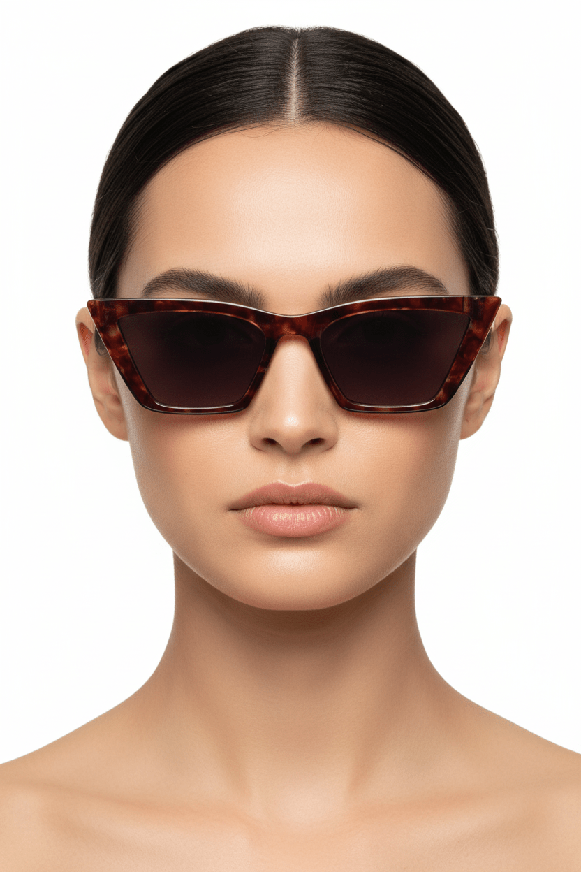 Modebrille Rotbraun – LiBEAU Damen trägt Tortoiseshell-Sonnenbrille in Rotbraun mit Verlaufsglas, dramatischer Editorial Look | LiBEAU
