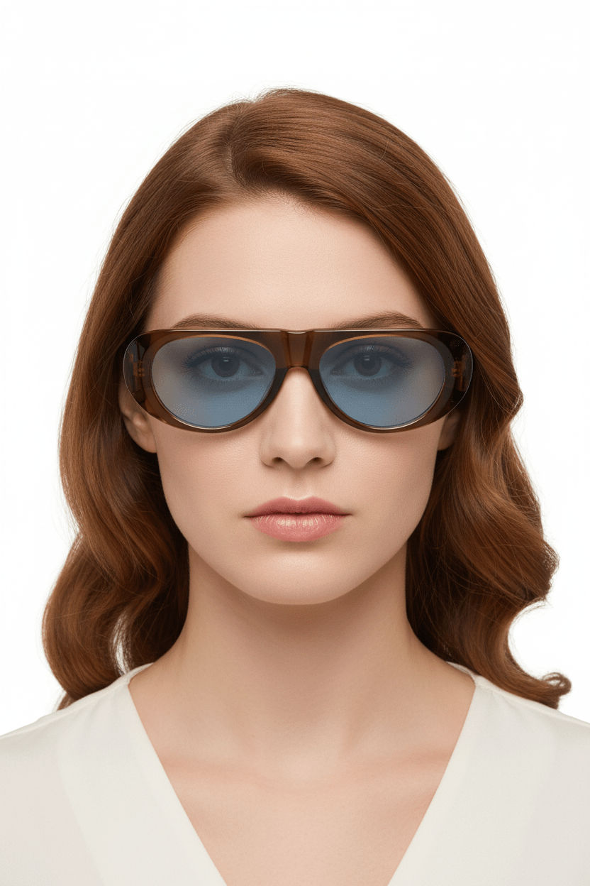 Modebrille Braun Vintage – LiBEAU Damen trägt transparente Braun-Sonnenbrille mit blauen Gläsern, Vintage Editorial Look | LiBEAU
