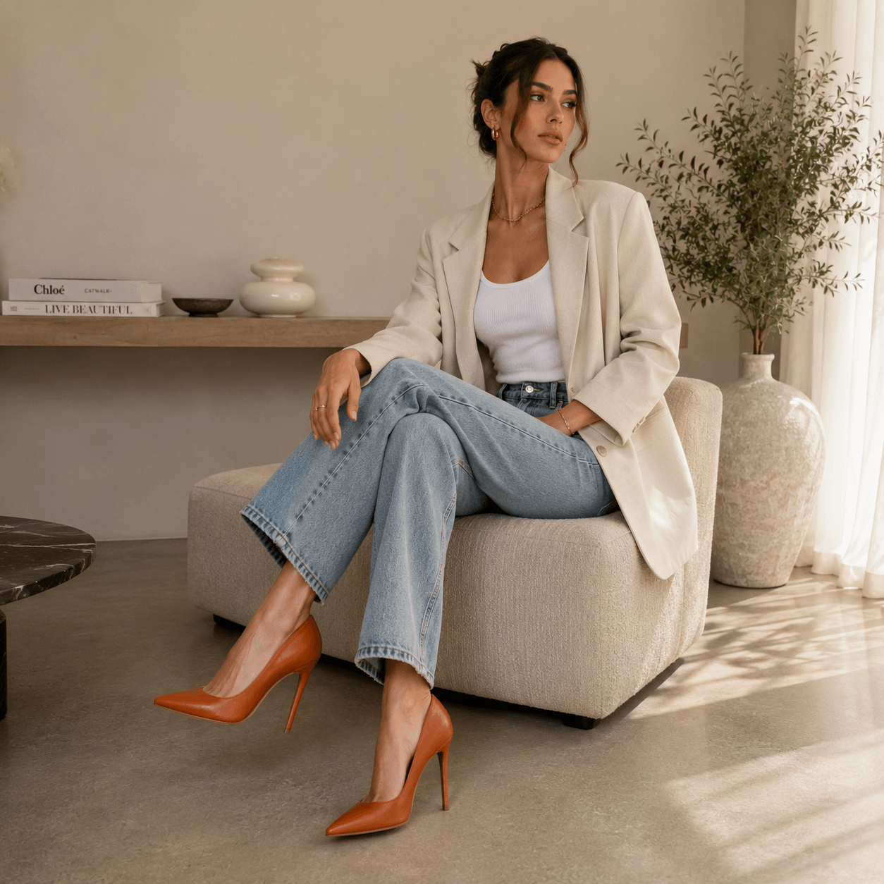 Brown Sugar Pumps – LiBEAU Damen in cognacfarbenen Leder High Heel Pumps, sommerlicher lässiger Editorial Look vielseitig kombiniert | LiBEAU

