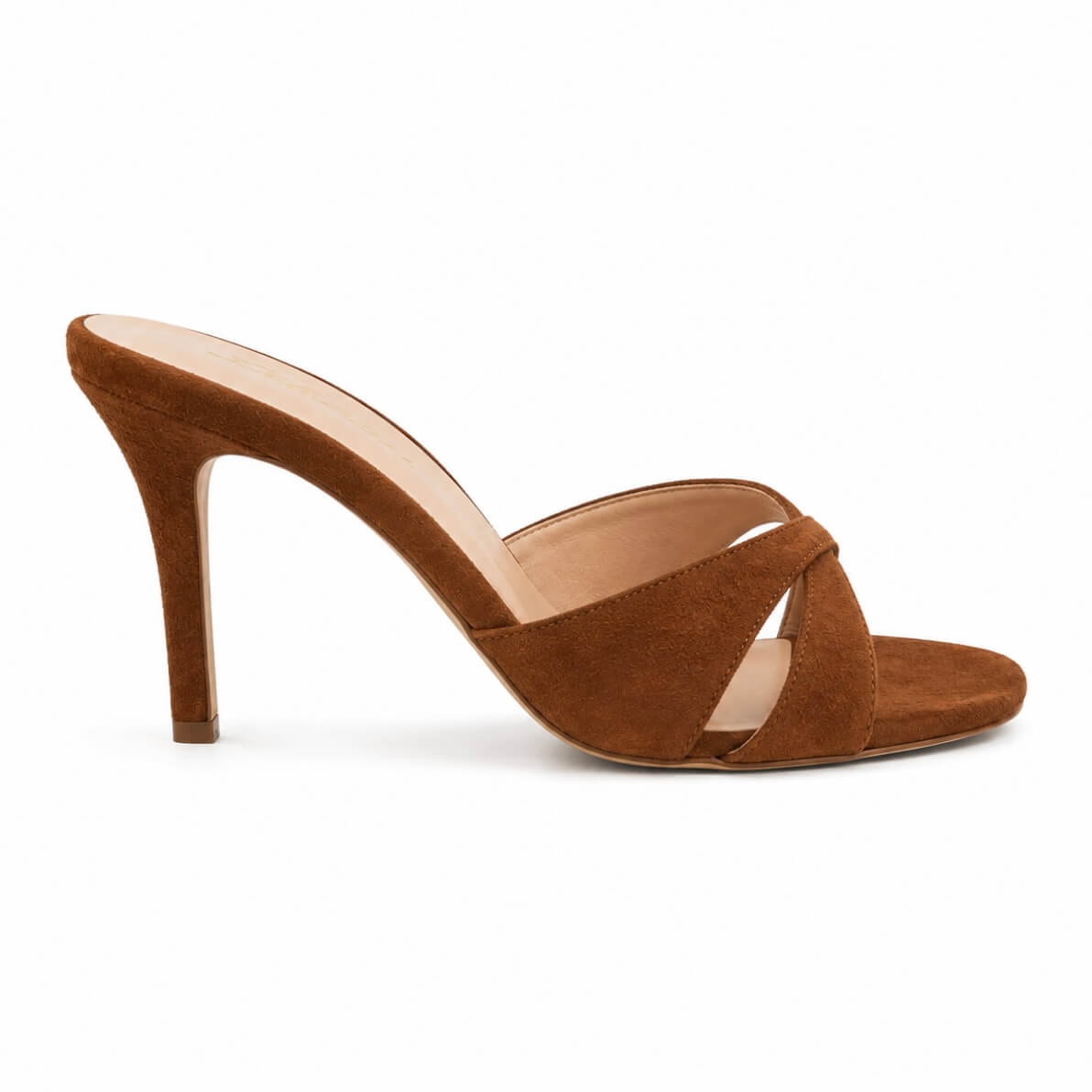 Cecile Mules Cognac – Seitenansicht, Wildleder Stiletto Mules mit gekreuzten Riemen | LiBEAU
