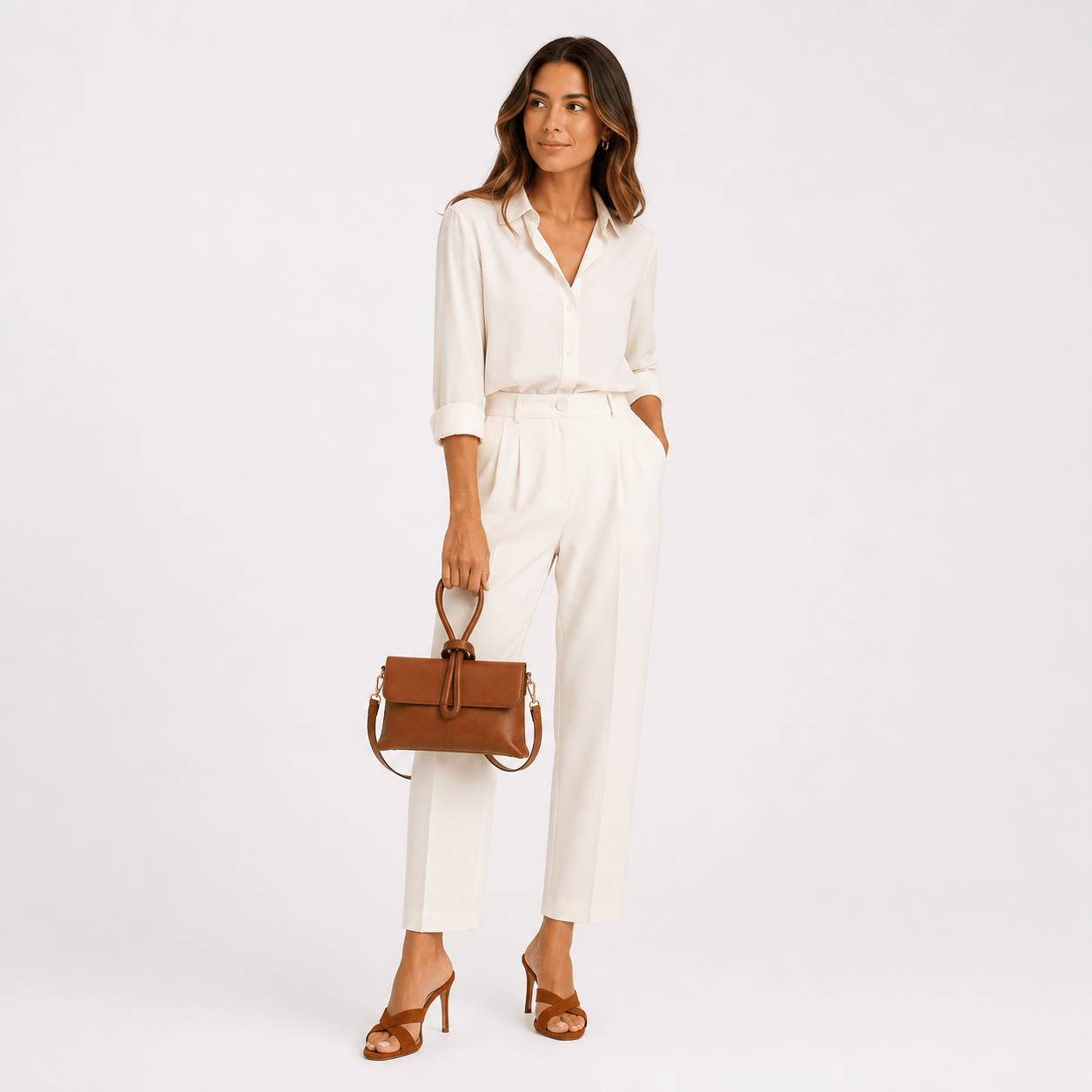Cecile Mules Cognac – Damen trägt cognacfarbene Wildleder High Heel Mules | LiBEAU
