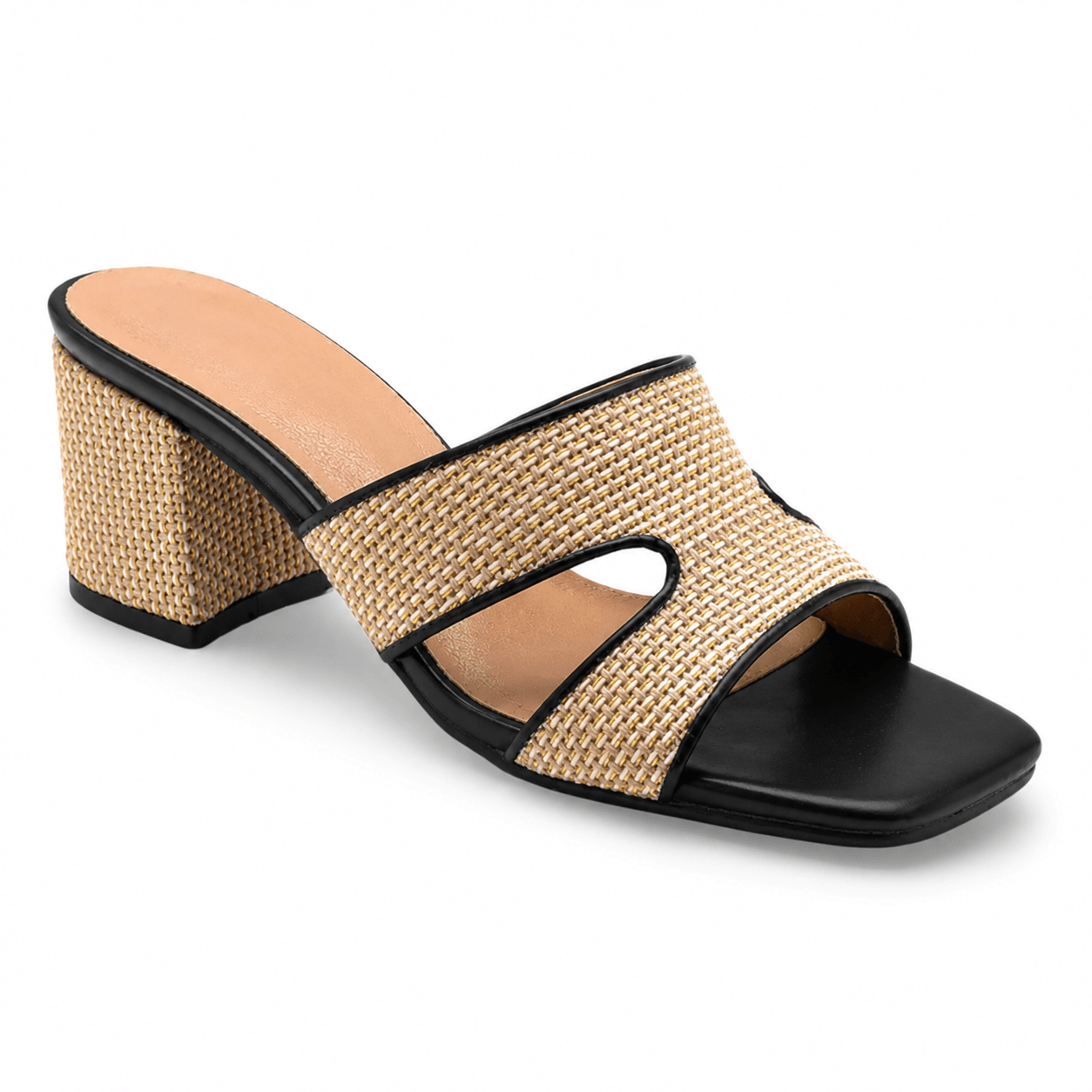 Celine Mules – Raffia Blockabsatz Mules schwarz/beige/gold, Seitenansicht 6 cm Absatz | LiBEAU
