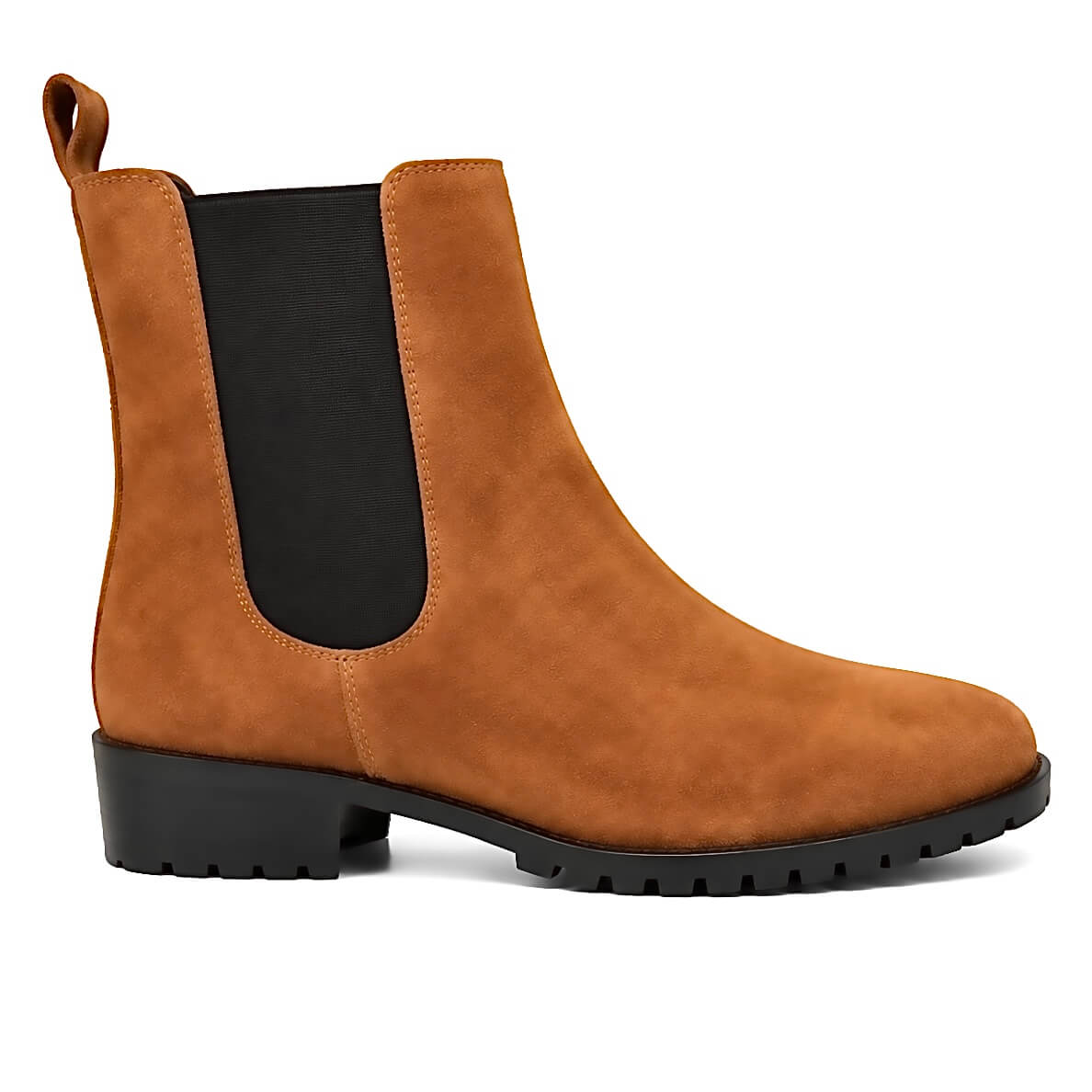 Chelsea Caramel Boots – LiBEAU Damen Chelsea Boots Braun Cognac Wildleder, schwarzes Elastikband und Zuglasche, schwarze Profilsohle, Seitenansicht | LiBEAU
