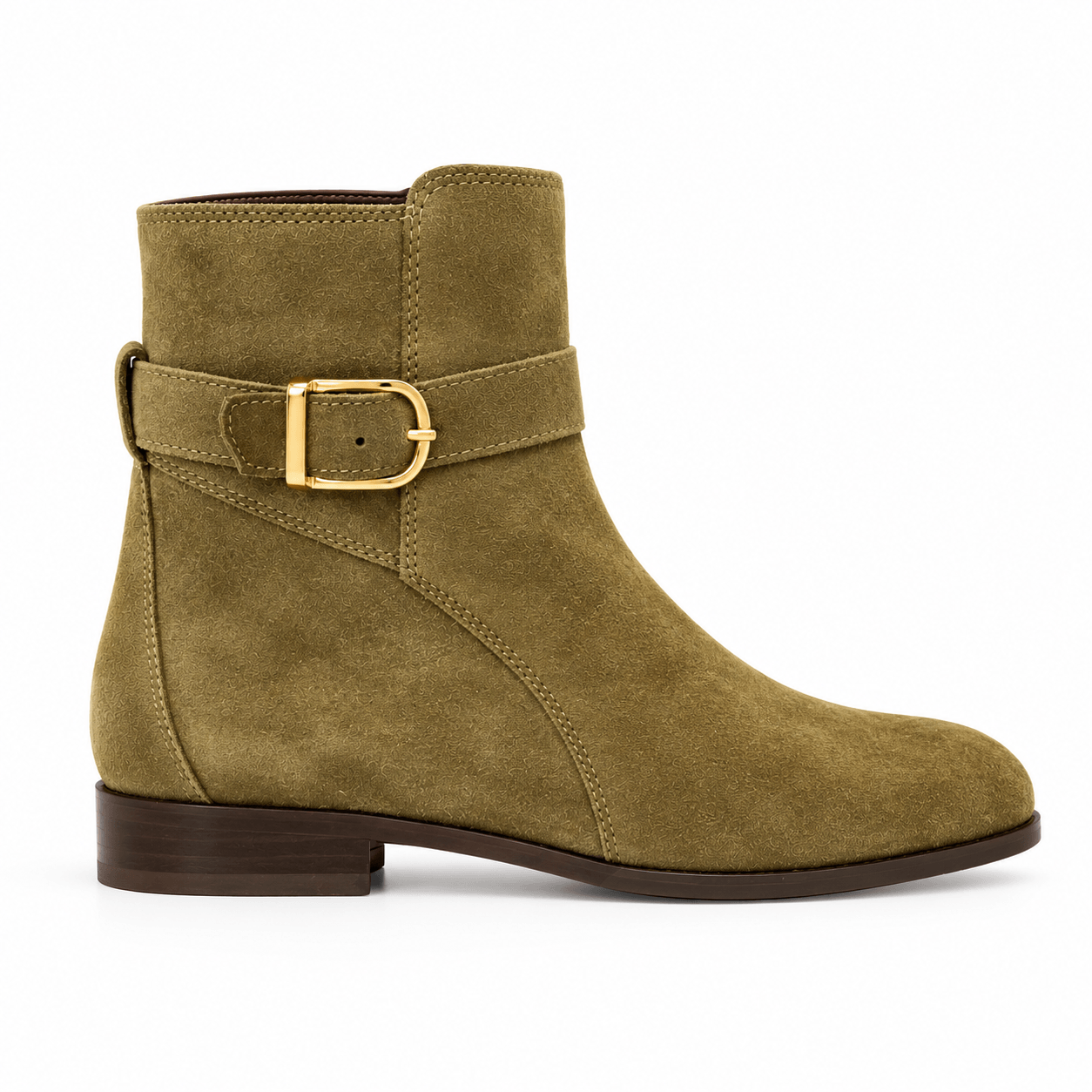 Chelsea Khaki Boots – LiBEAU Damen Chelsea Boots Khaki Wildleder, seitlicher Reißverschluss und goldfarbene Dekoschnalle, flacher Absatz, Seitenansicht | LiBEAU
