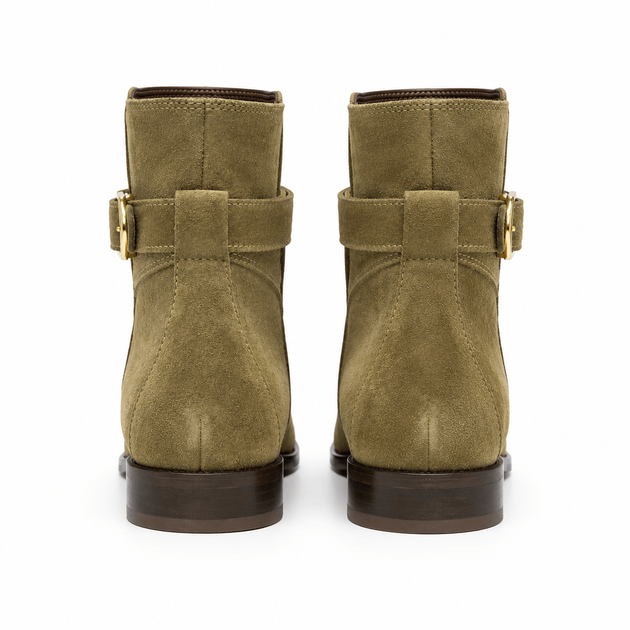 Chelsea Khaki Boots – LiBEAU Khaki Wildleder Chelsea Boots Paar Rückansicht, goldfarbene Dekoschnalle und seitlicher Reißverschluss, Detailansicht | LiBEAU
