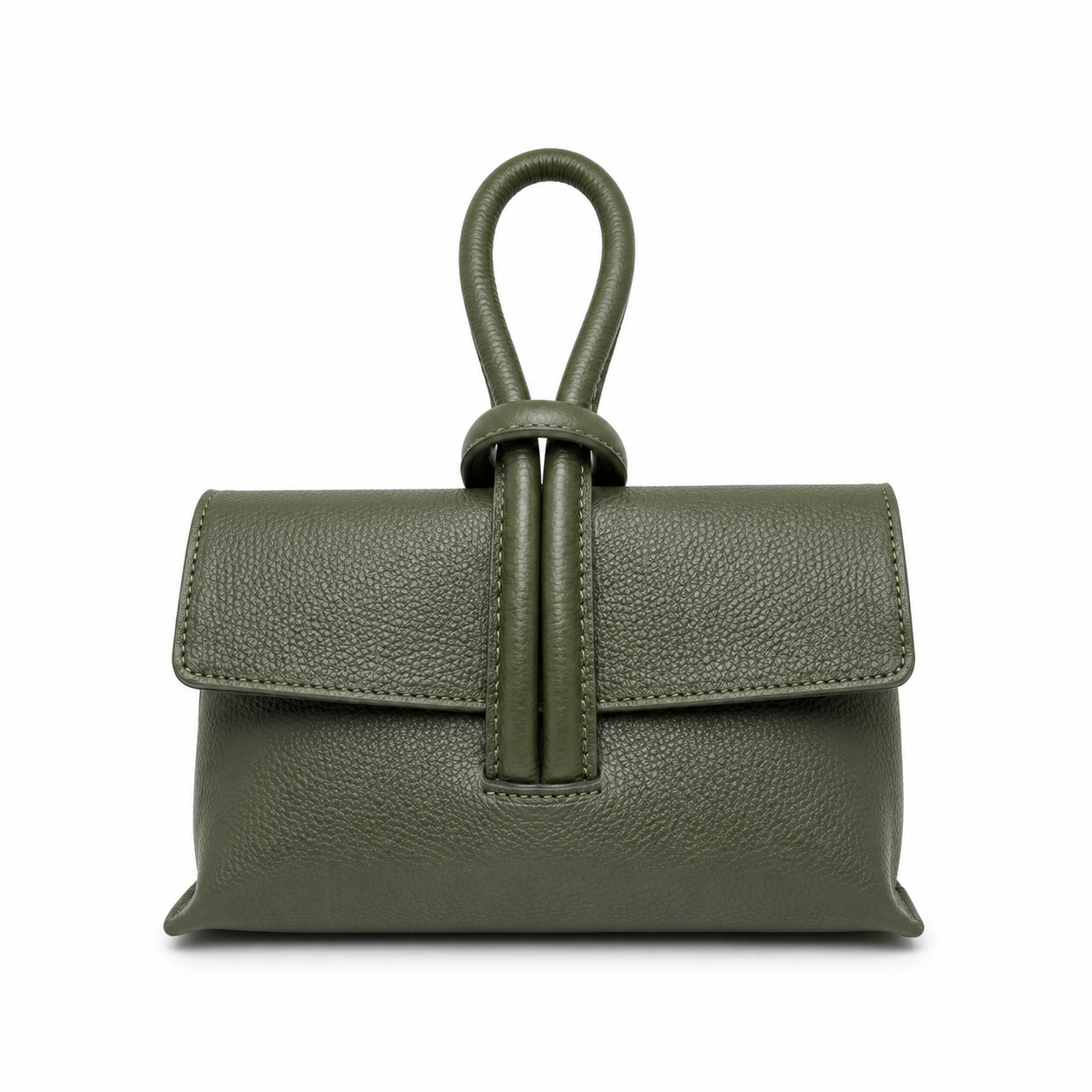Clutch Michelle Army – Dunkelgrüne Leder Clutch mit Knoten-Detail und Loop-Griff, Frontansicht ohne Riemen, weißer Hintergrund
